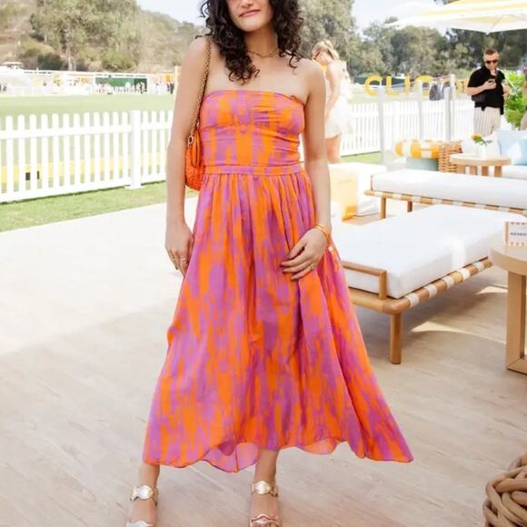 Maria Cher Pink Midi Slip Dress XS Smocked Silk Vacation Romantic Sundress $500 - Picture 6 of 14